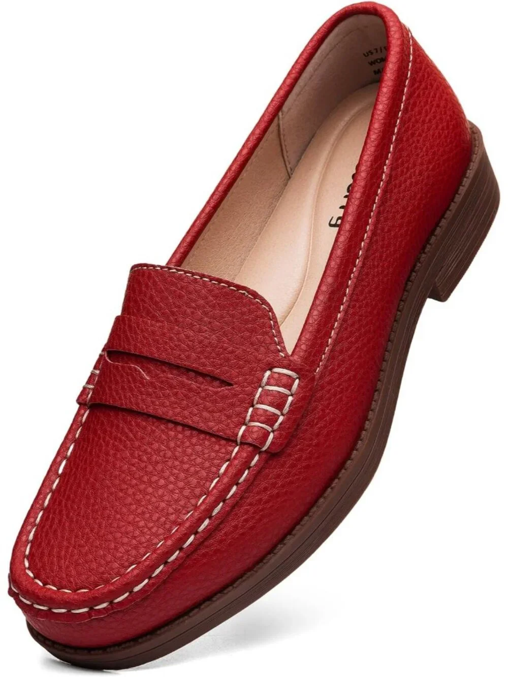 Women's Red Leather Comfortable Penny Loafers Slip On Casual Walking Shoes